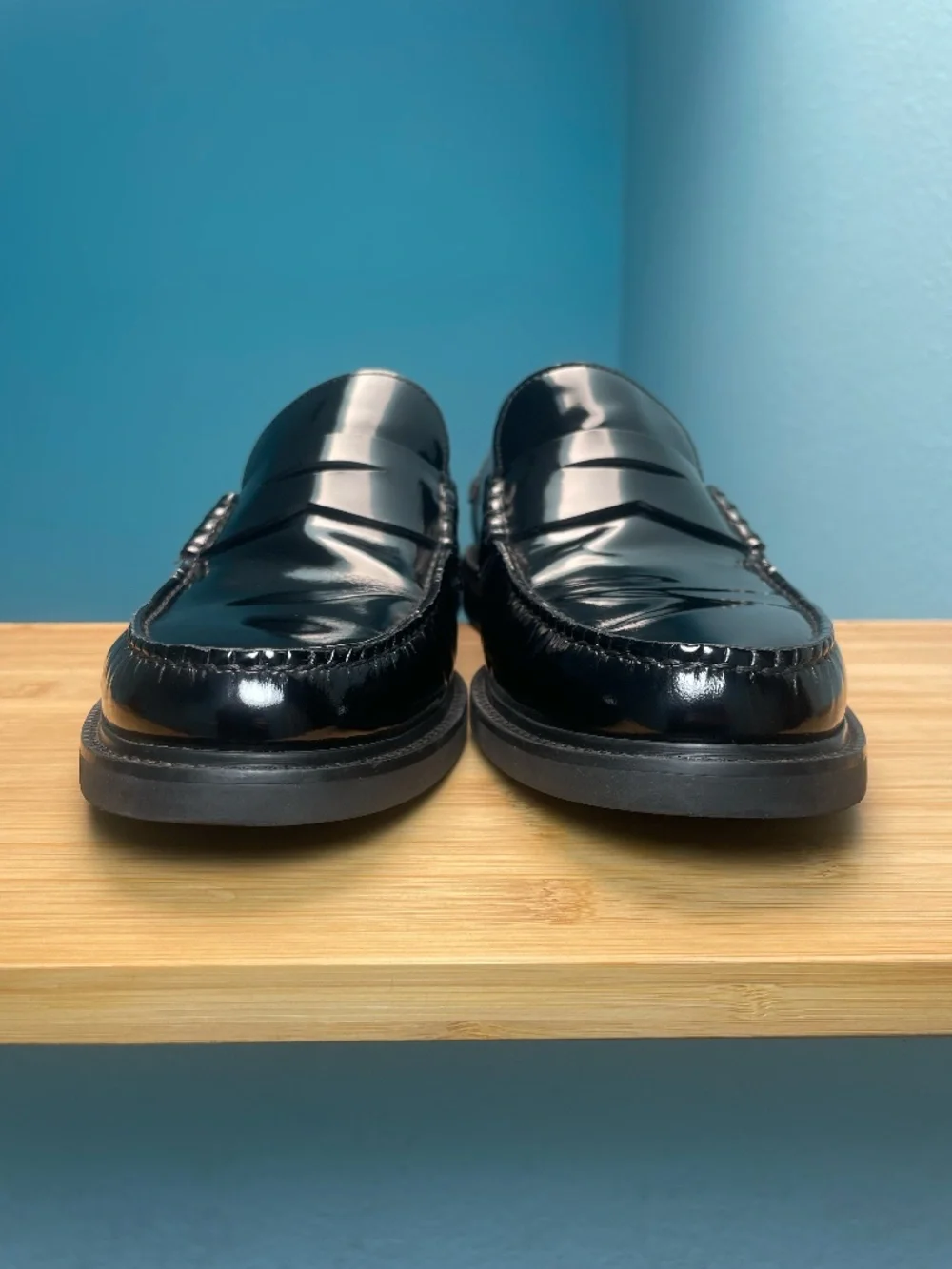 Cole Haan Mens Pinch Prep Penny Loafers Sz 10.5 Patent Leather Black Moc Toe EUC